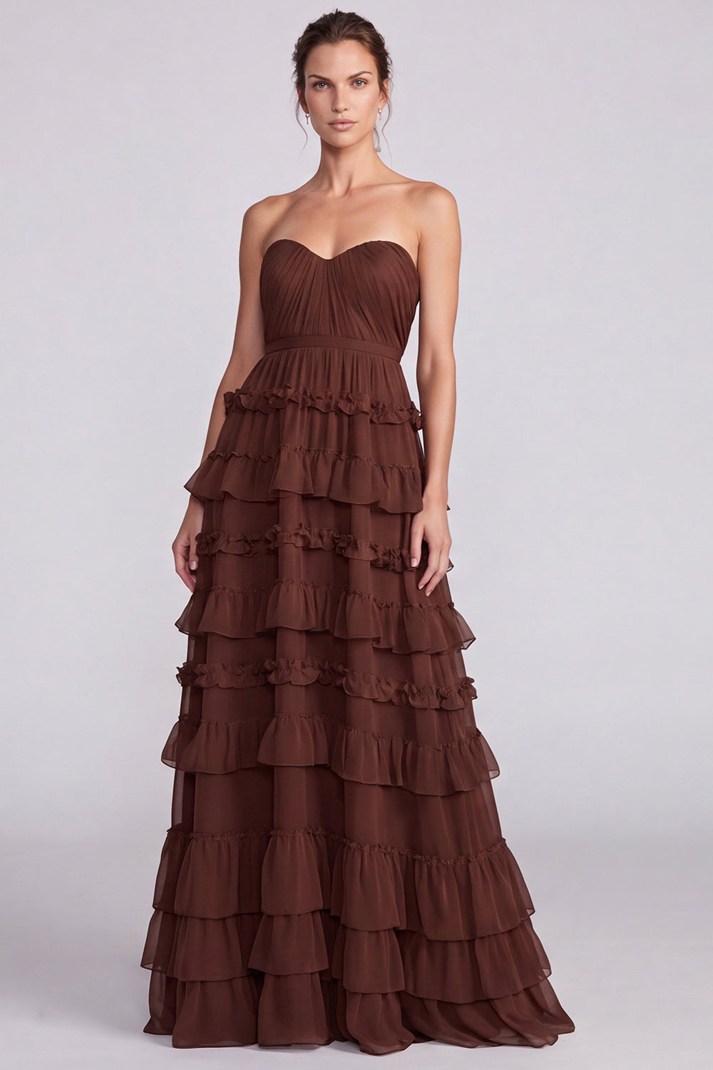 Floral Pink Tiered Ruffled Sweetheart A Line Long Formal Dress