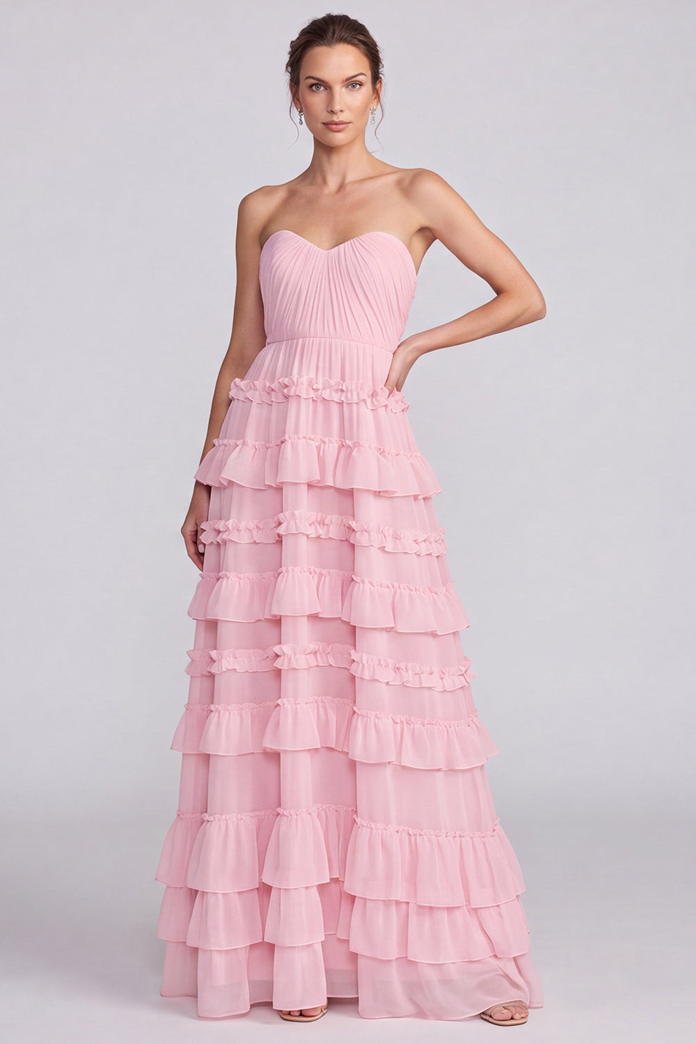 Floral Pink Tiered Ruffled Sweetheart A Line Long Formal Dress
