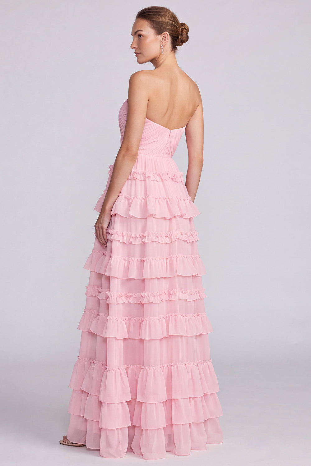 Floral Pink Tiered Ruffled Sweetheart A Line Long Formal Dress
