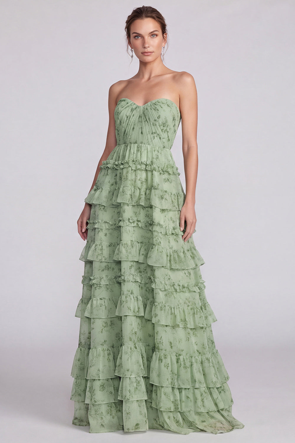 Floral Pink Tiered Ruffled Sweetheart A Line Long Formal Dress