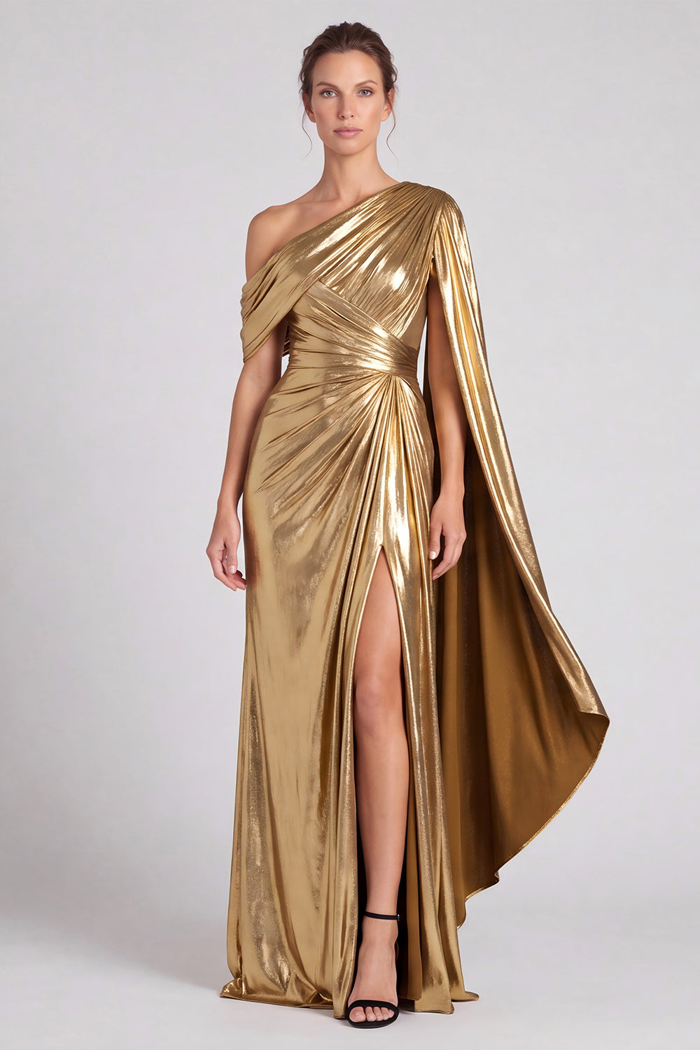 Gold Metallic Sheath Ruched One Shoulder Long Formal Dress with Slit