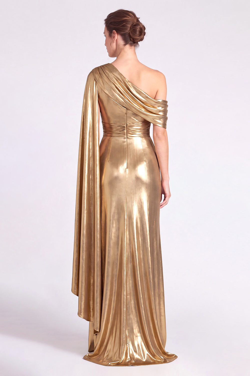 Gold Metallic Sheath Ruched One Shoulder Long Formal Dress with Slit