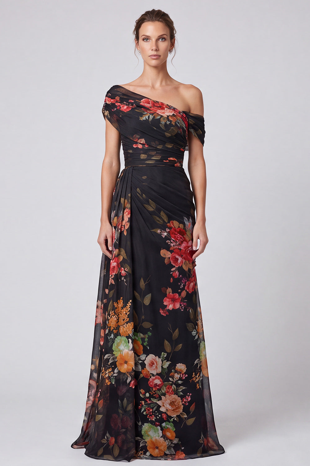 Ivory Floral One Shoulder A Line Long Formal Dress with Side Cape