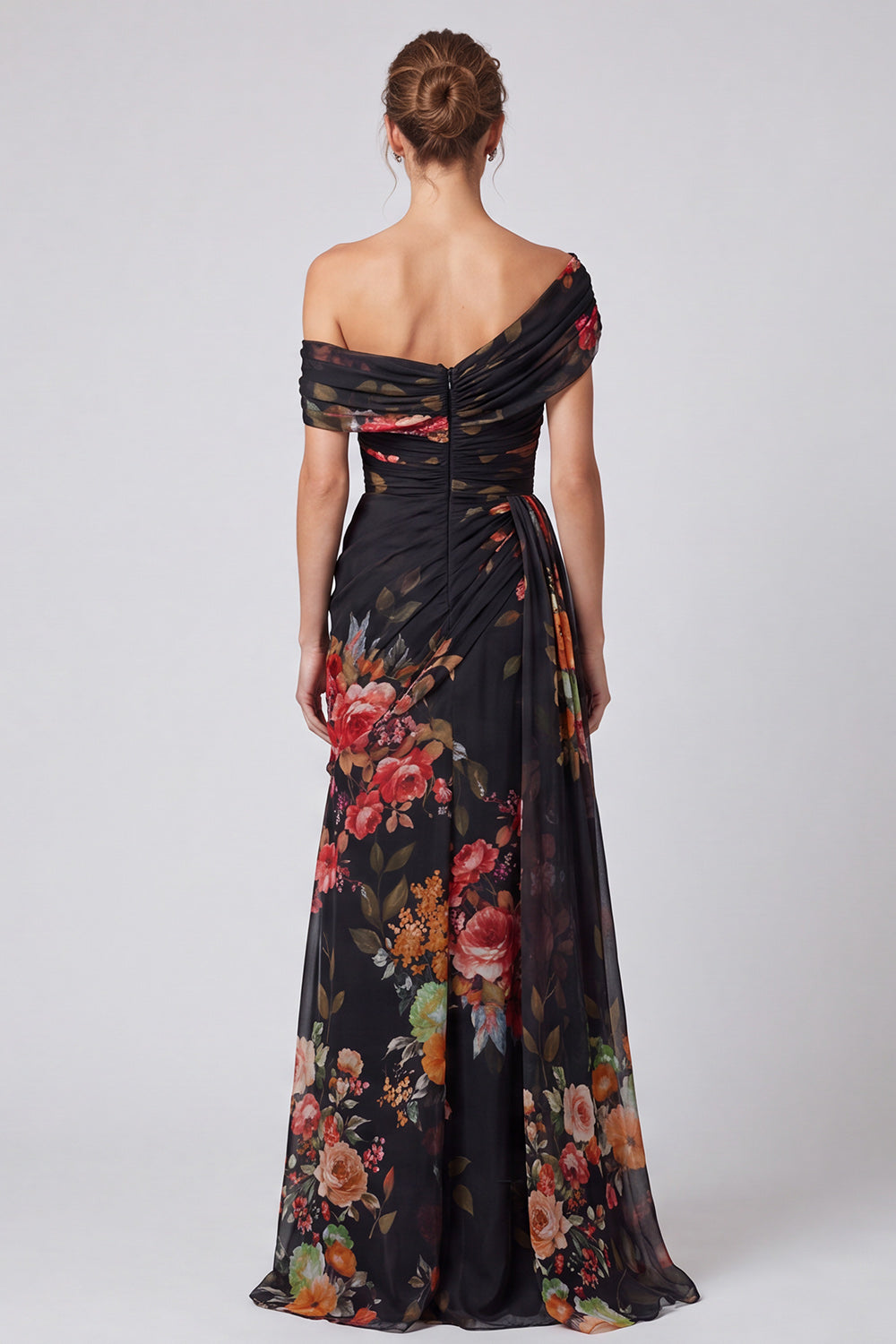 Ivory Floral One Shoulder A Line Long Formal Dress with Side Cape