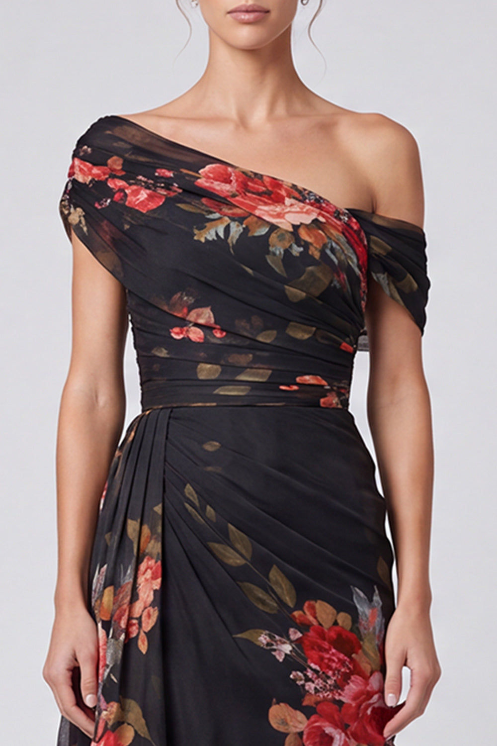 Ivory Floral One Shoulder A Line Long Formal Dress with Side Cape