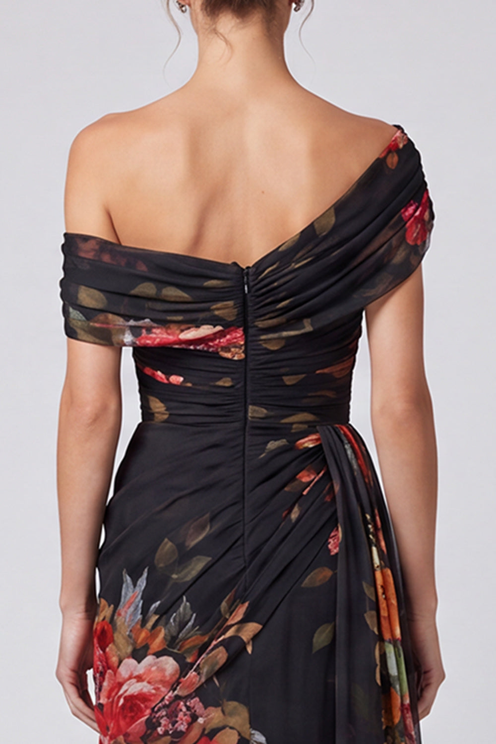 Ivory Floral One Shoulder A Line Long Formal Dress with Side Cape