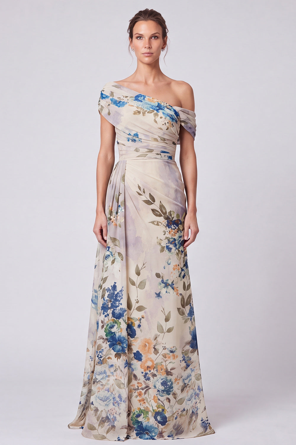 Ivory Floral One Shoulder A Line Long Formal Dress with Side Cape