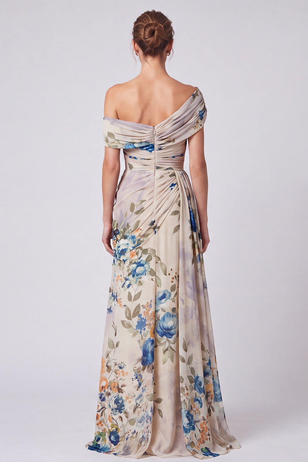 Ivory Floral One Shoulder A Line Long Formal Dress with Side Cape