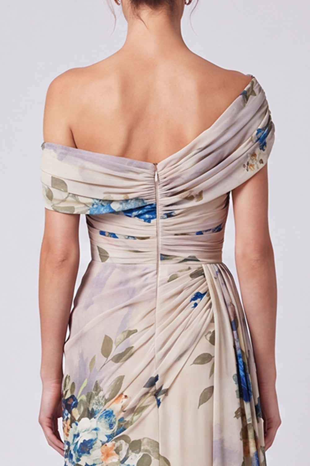 Ivory Floral One Shoulder A Line Long Formal Dress with Side Cape