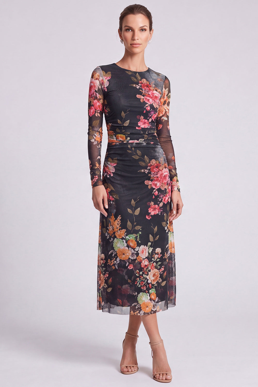 Ivory Floral Round Neck Bodycon Midi Formal Dress with Sleeves