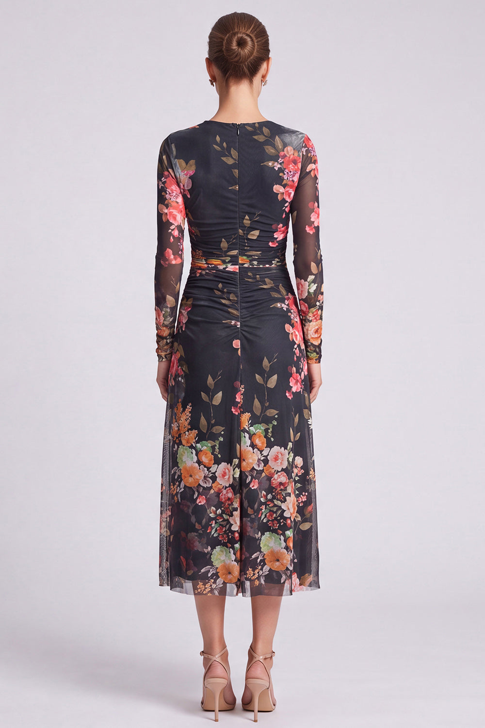 Ivory Floral Round Neck Bodycon Midi Formal Dress with Sleeves