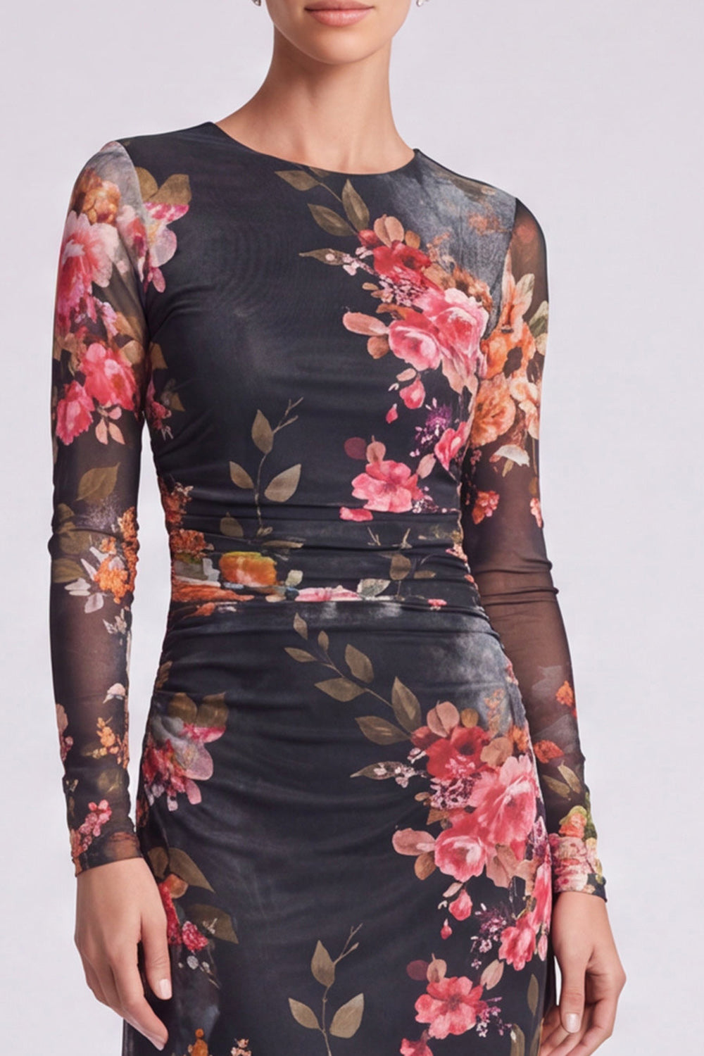 Ivory Floral Round Neck Bodycon Midi Formal Dress with Sleeves