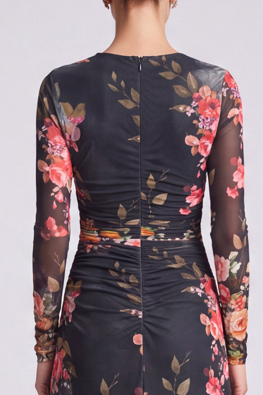 Ivory Floral Round Neck Bodycon Midi Formal Dress with Sleeves