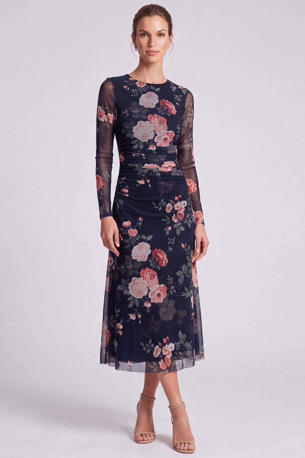 Ivory Floral Round Neck Bodycon Midi Formal Dress with Sleeves