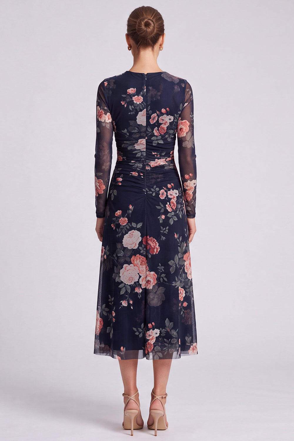 Ivory Floral Round Neck Bodycon Midi Formal Dress with Sleeves