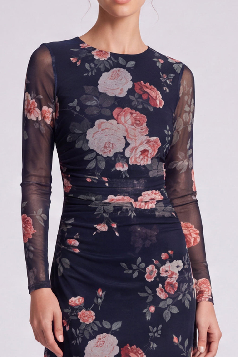 Ivory Floral Round Neck Bodycon Midi Formal Dress with Sleeves