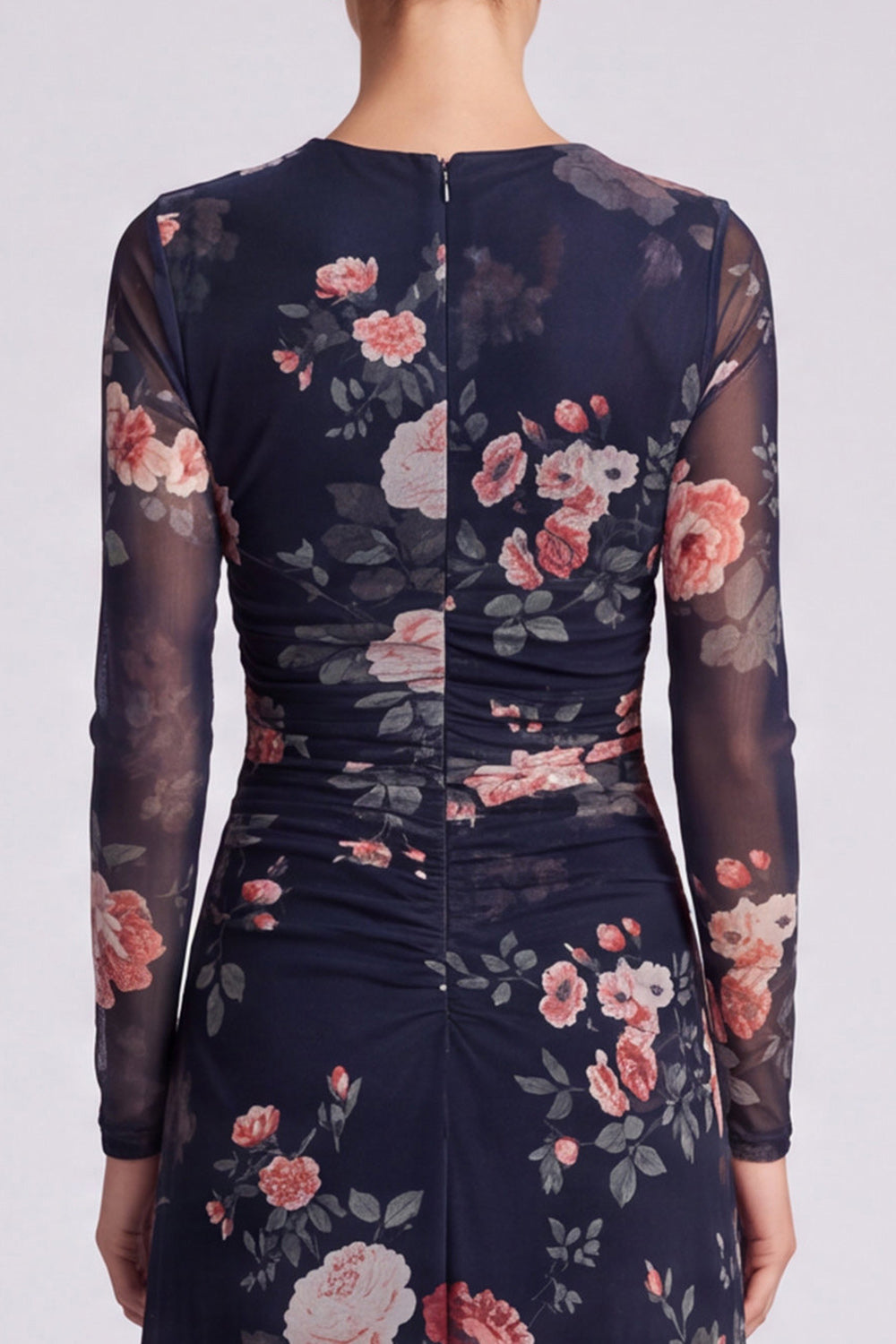 Ivory Floral Round Neck Bodycon Midi Formal Dress with Sleeves