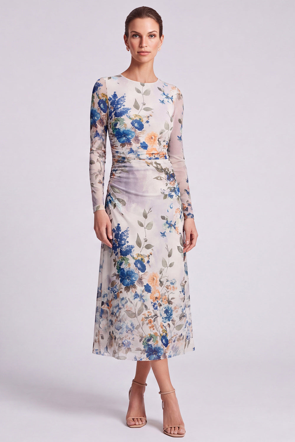 Ivory Floral Round Neck Bodycon Midi Formal Dress with Sleeves
