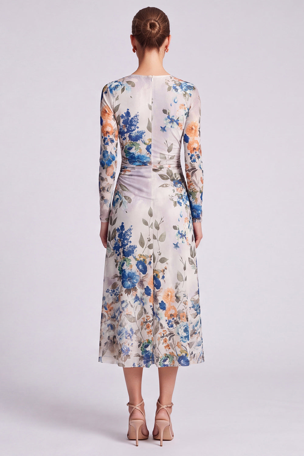 Ivory Floral Round Neck Bodycon Midi Formal Dress with Sleeves