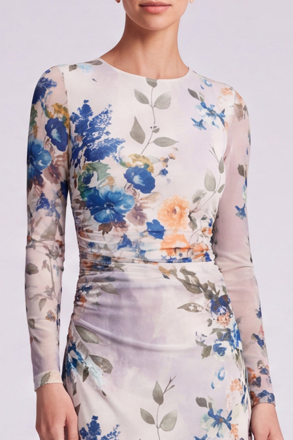 Ivory Floral Round Neck Bodycon Midi Formal Dress with Sleeves