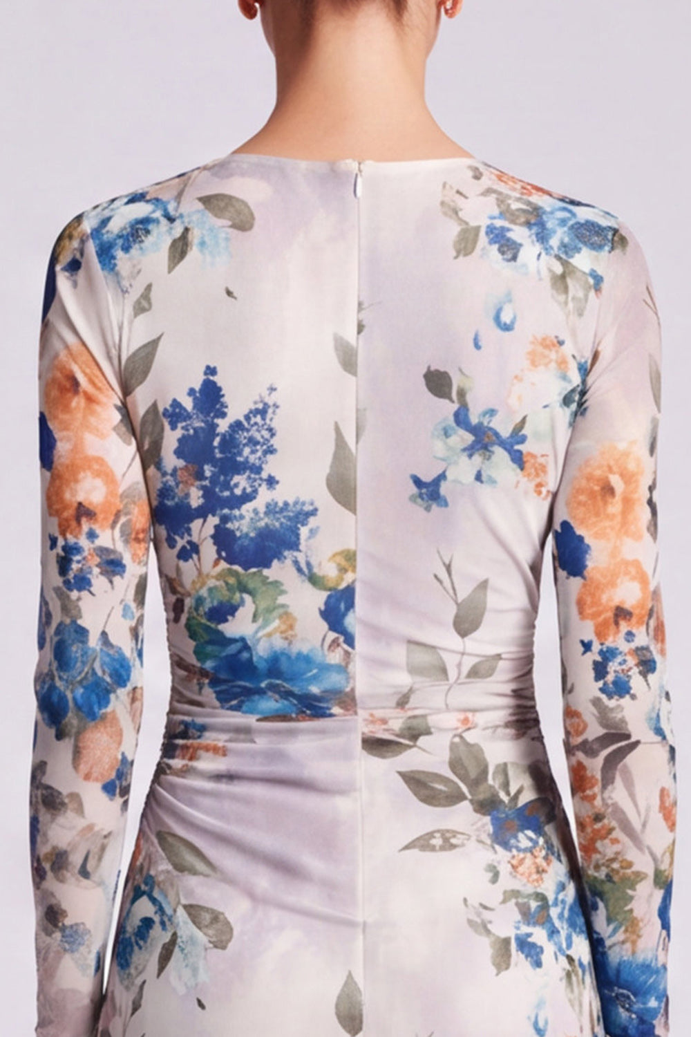 Ivory Floral Round Neck Bodycon Midi Formal Dress with Sleeves