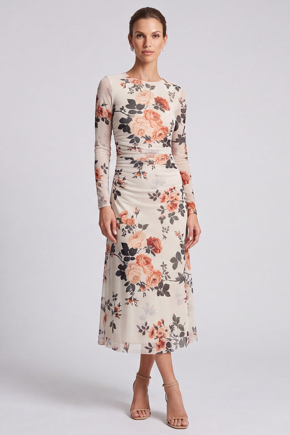 Ivory Floral Round Neck Bodycon Midi Formal Dress with Sleeves