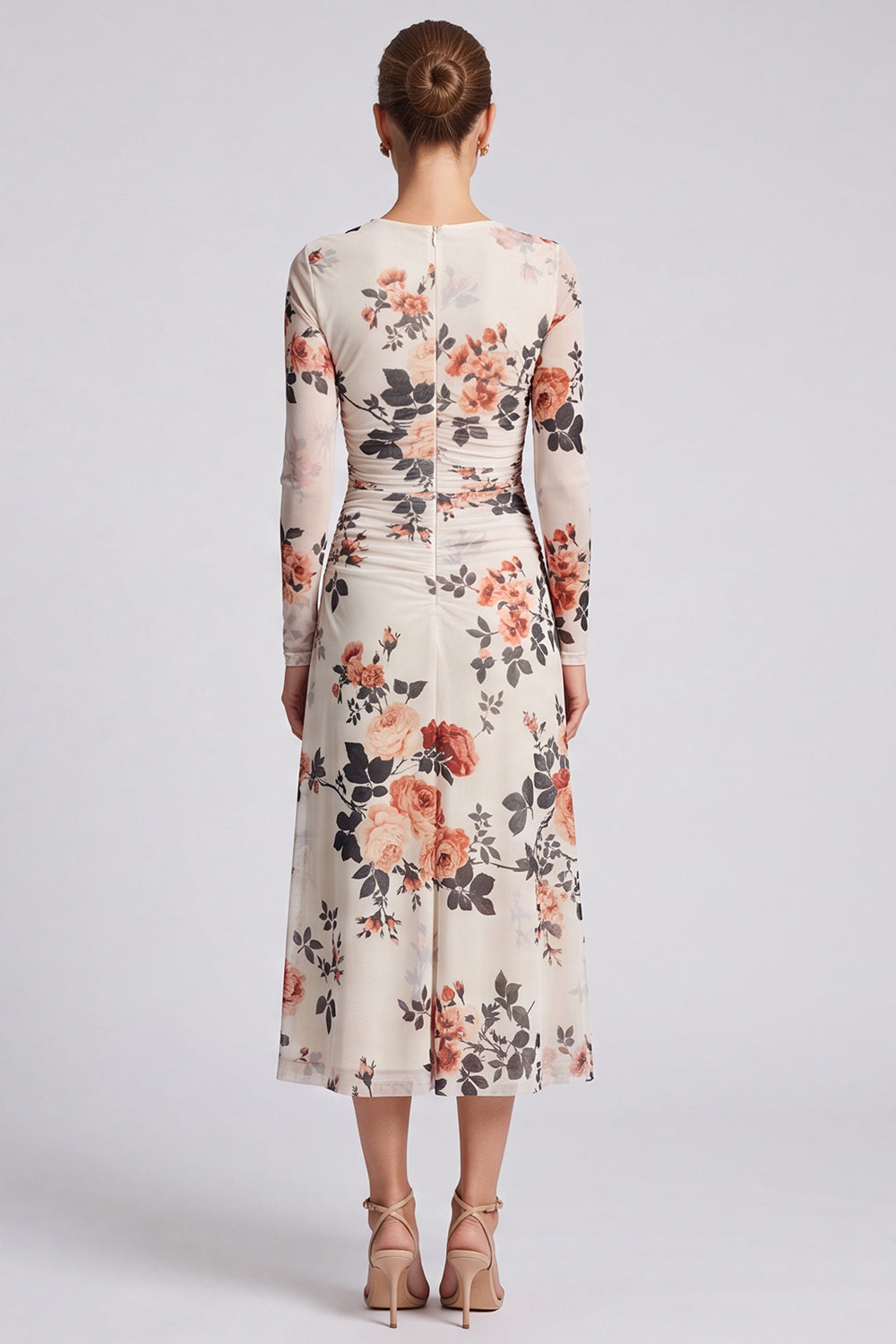 Ivory Floral Round Neck Bodycon Midi Formal Dress with Sleeves
