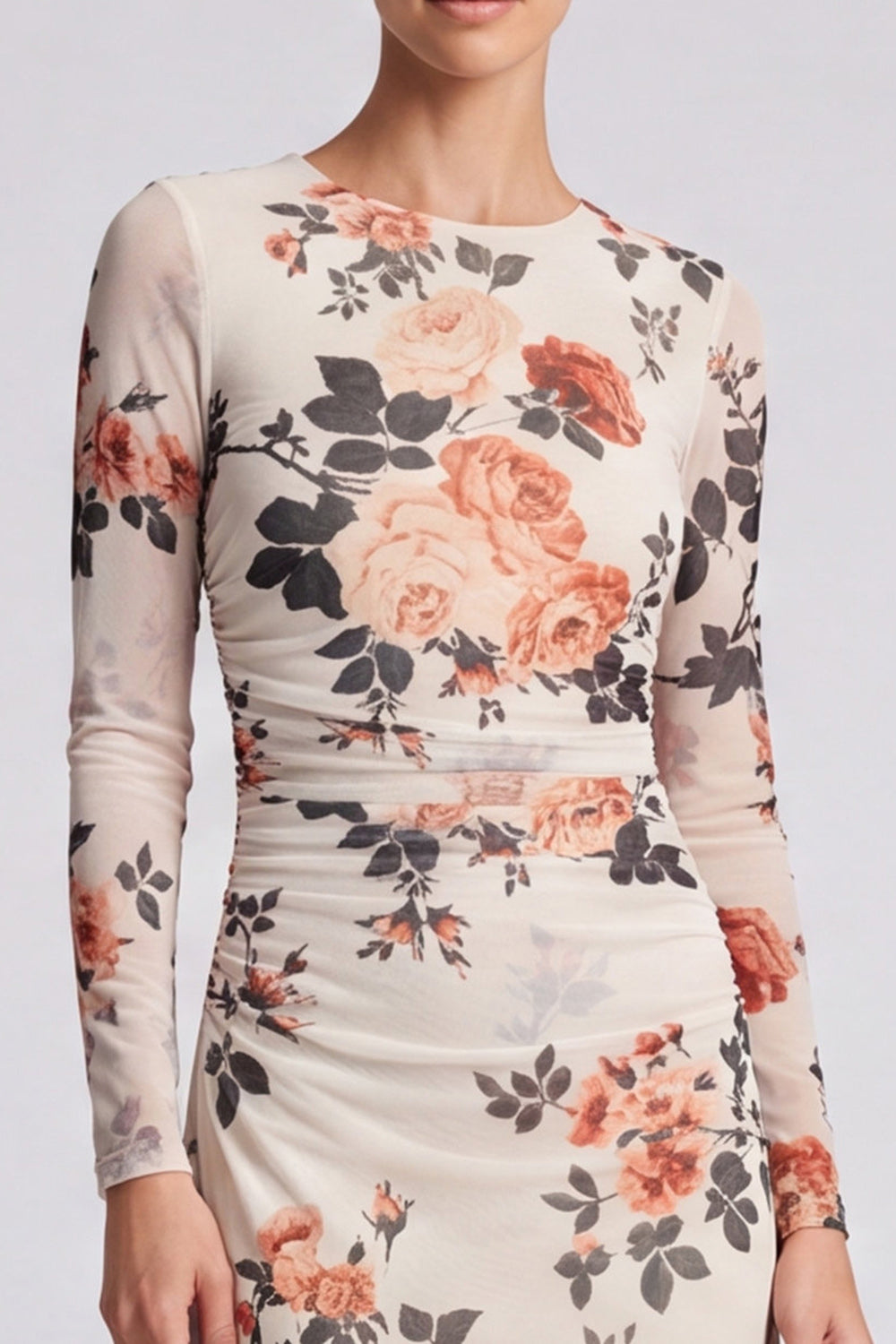 Ivory Floral Round Neck Bodycon Midi Formal Dress with Sleeves