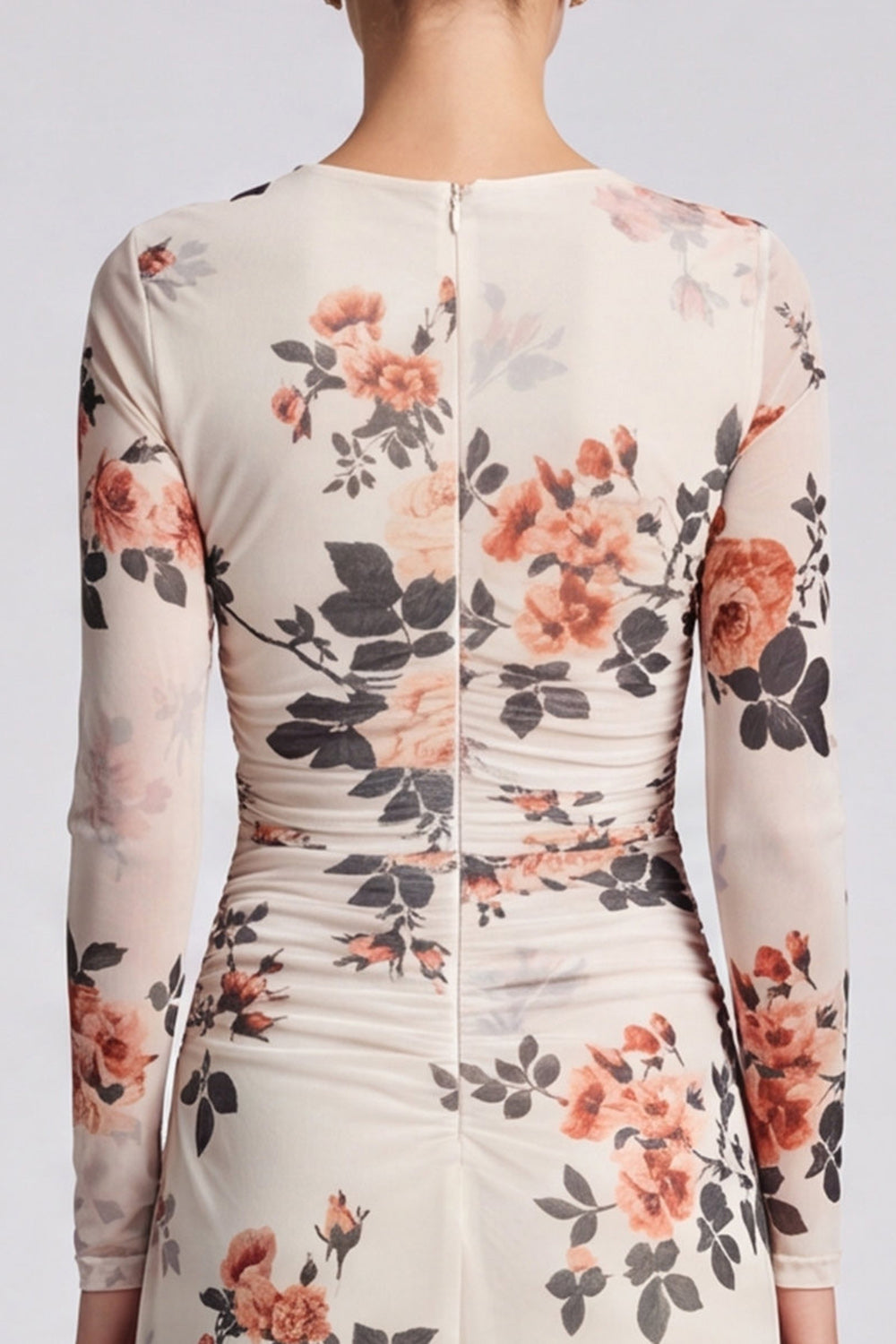 Ivory Floral Round Neck Bodycon Midi Formal Dress with Sleeves