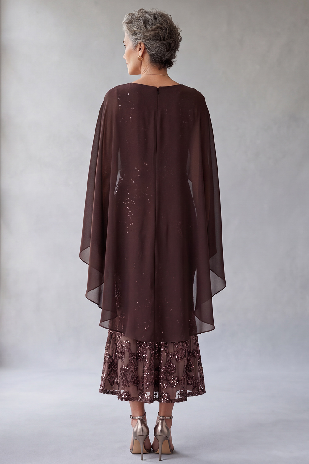 Dark Brown Sheath Round Neck Sequins Midi Mother of the Bride Dress with Cape