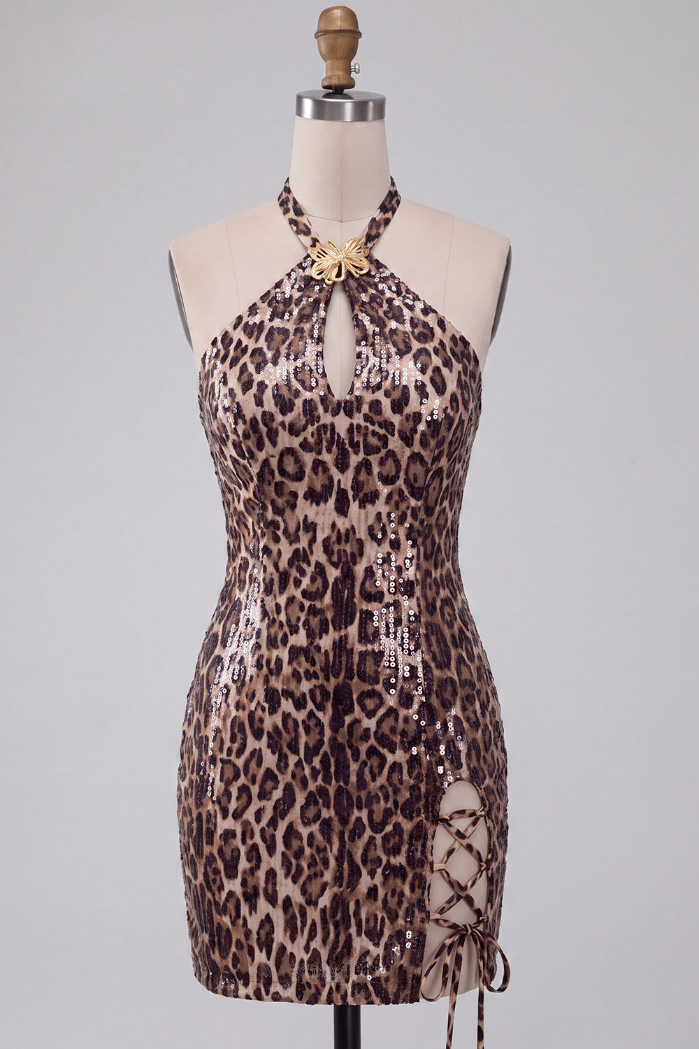 Khaki Cheetah Print Sparkly Tight Keyhole Short Homecoming Dress with Slit