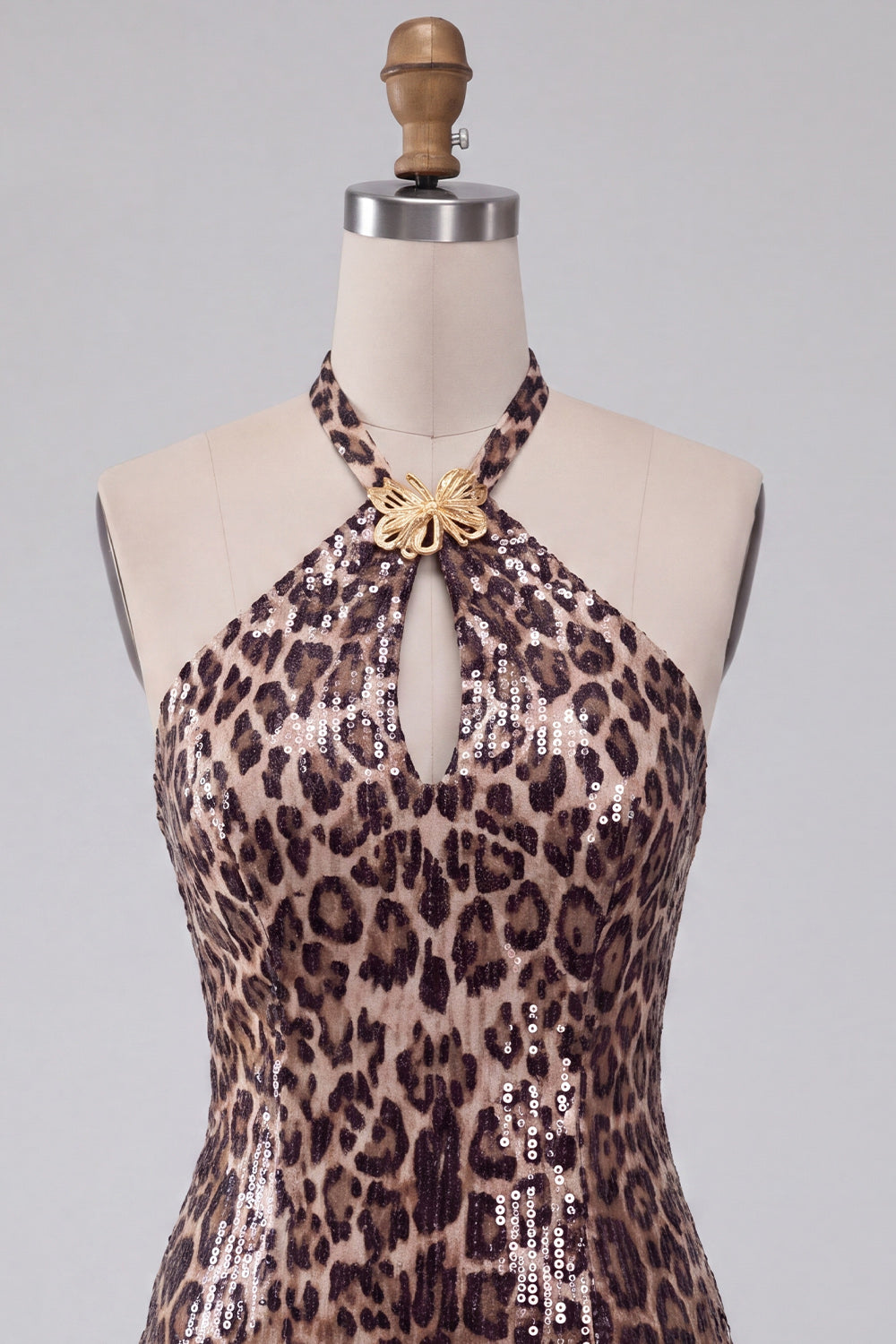 Khaki Cheetah Print Sparkly Tight Keyhole Short Homecoming Dress with Slit