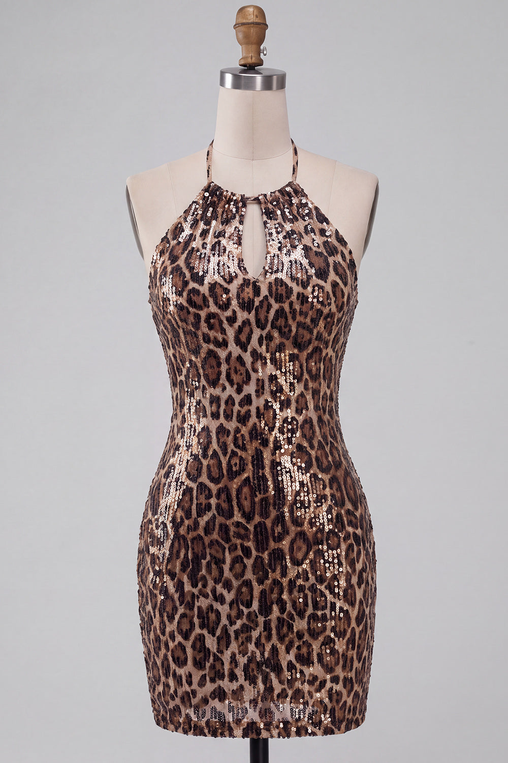 Cheetah Print Tight Sparkly Khaki Halter Keyhole Short Homecoming Dress
