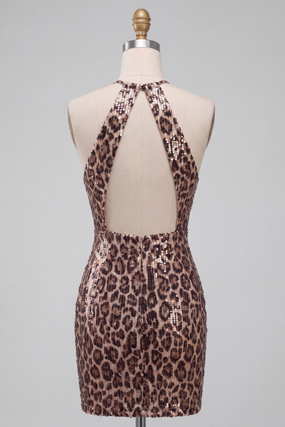 Cheetah Print Tight Sparkly Khaki Halter Keyhole Short Homecoming Dress