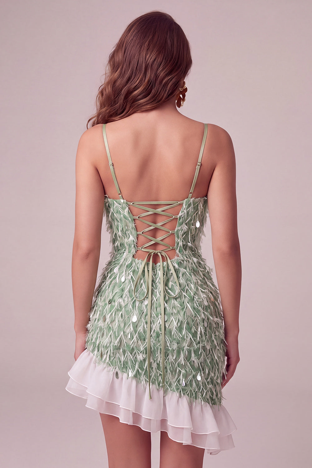 Sparkly Sequin Ruffled Green Tight Short Homecoming Dress with Feather