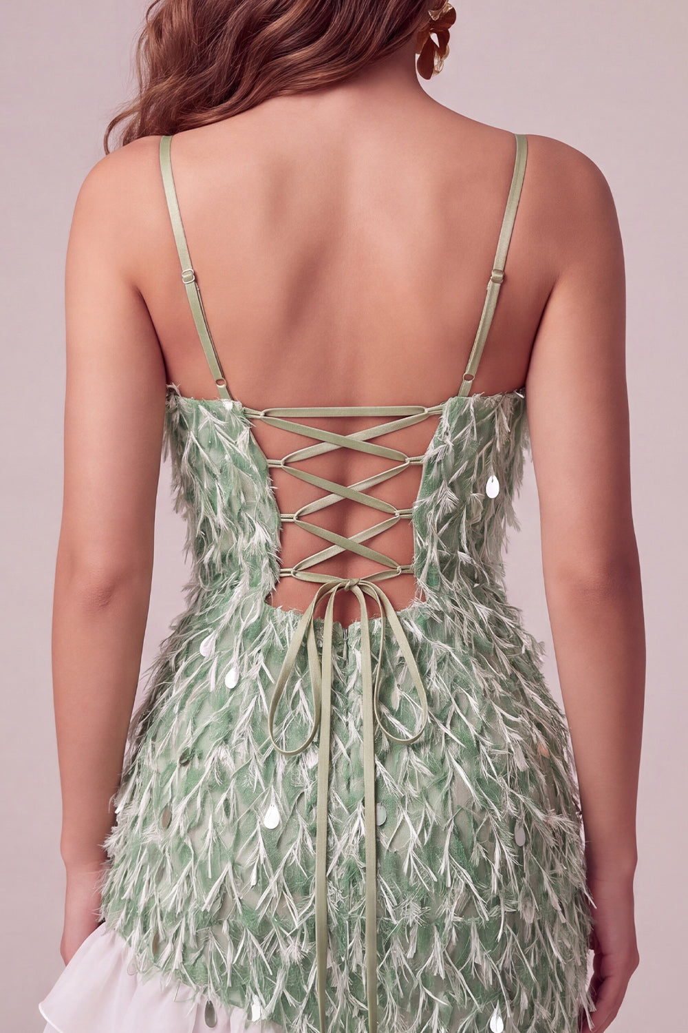 Sparkly Sequin Ruffled Green Tight Short Homecoming Dress with Feather
