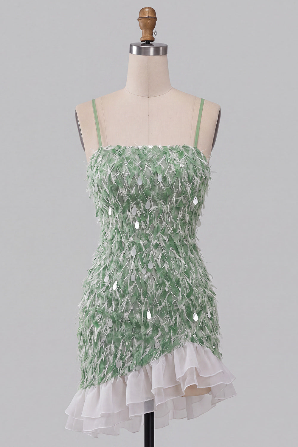 Sparkly Sequin Ruffled Green Tight Short Homecoming Dress with Feather