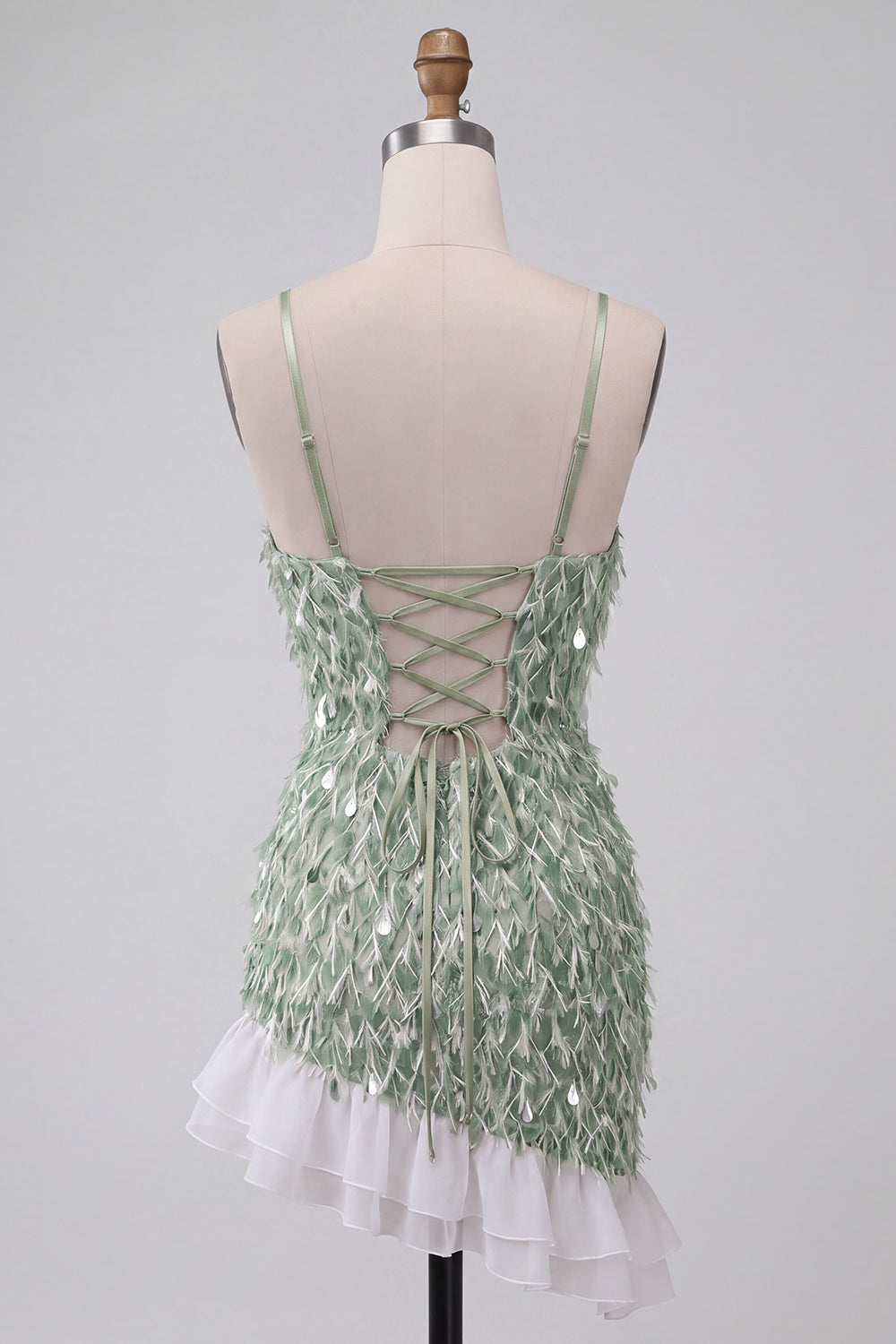 Sparkly Sequin Ruffled Green Tight Short Homecoming Dress with Feather