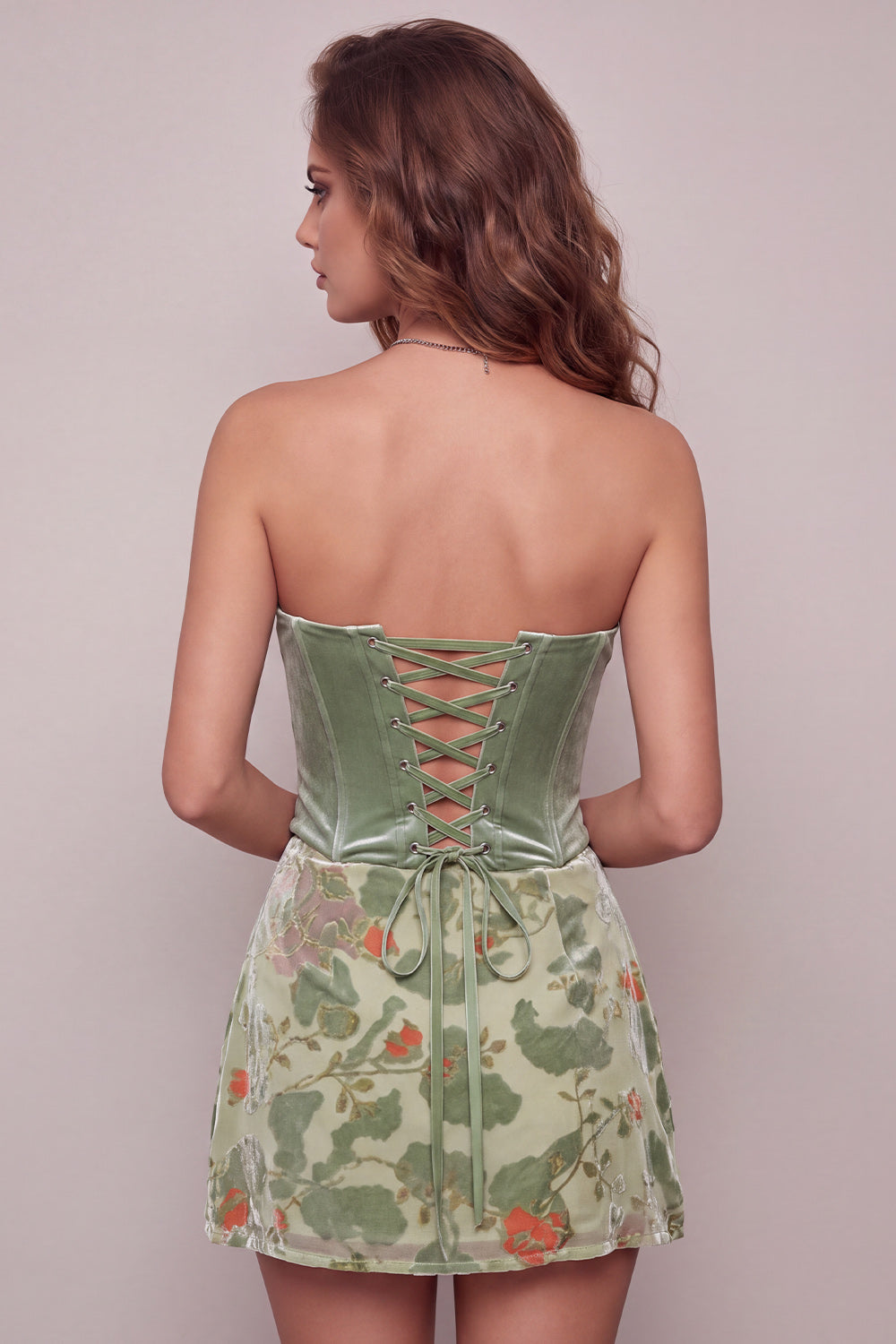 Floral Dusty Sage Strapless Short Corset Homecoming Dress