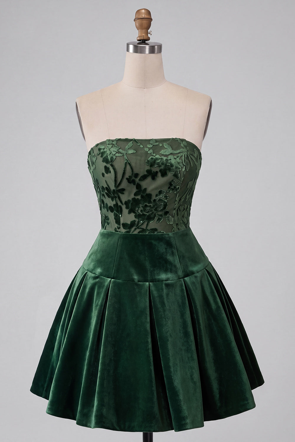 Floral Velvet Dark Green A Line Ruched Short Homecoming Dress