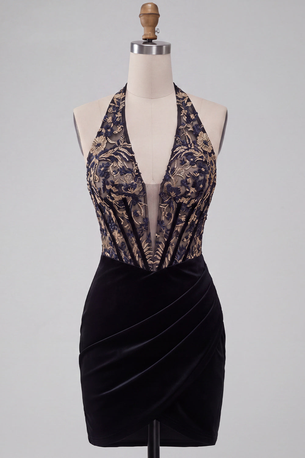 Floral Corset Black Halter Velvet Tight Short Homecoming Dress