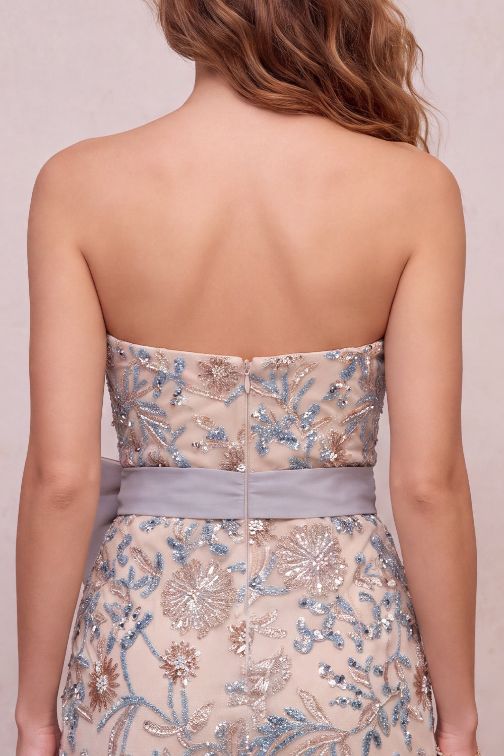 Light Grey Floral Sparkly Beaded Tight Short Homecoming Dress with Bow