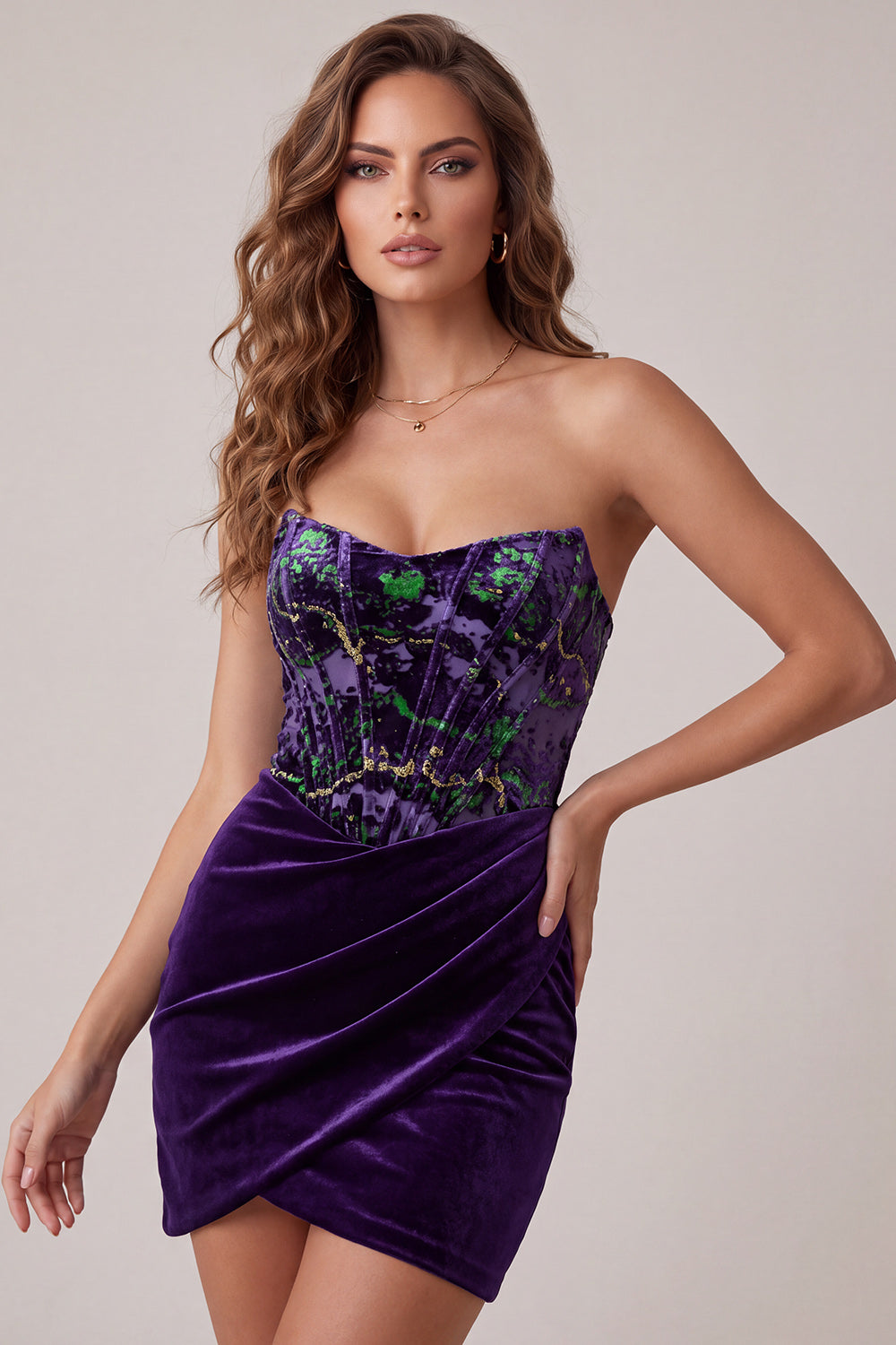 Plum Tight Strapless Velvet Floral Corset Short Homecoming Dress