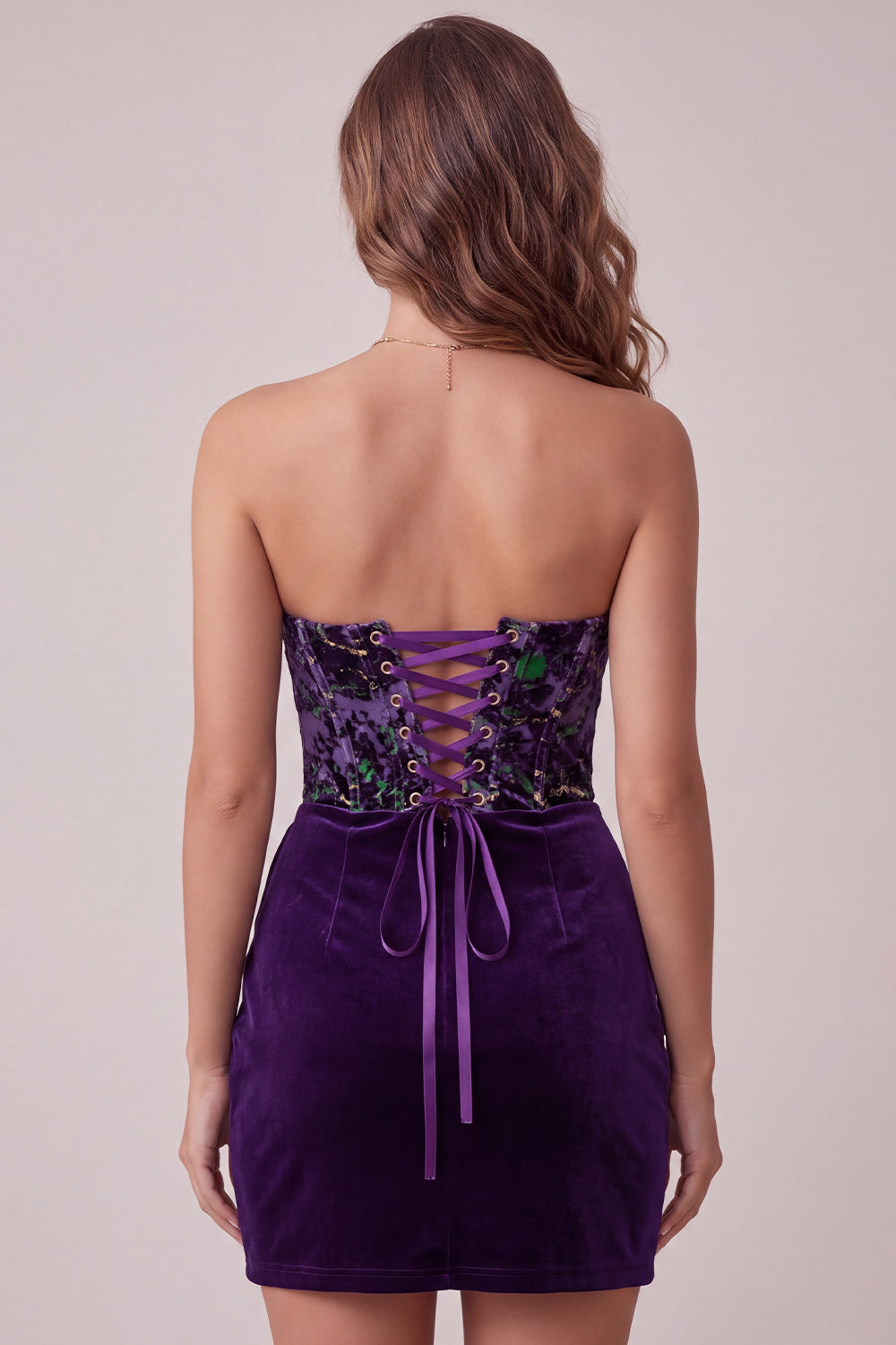 Plum Tight Strapless Velvet Floral Corset Short Homecoming Dress