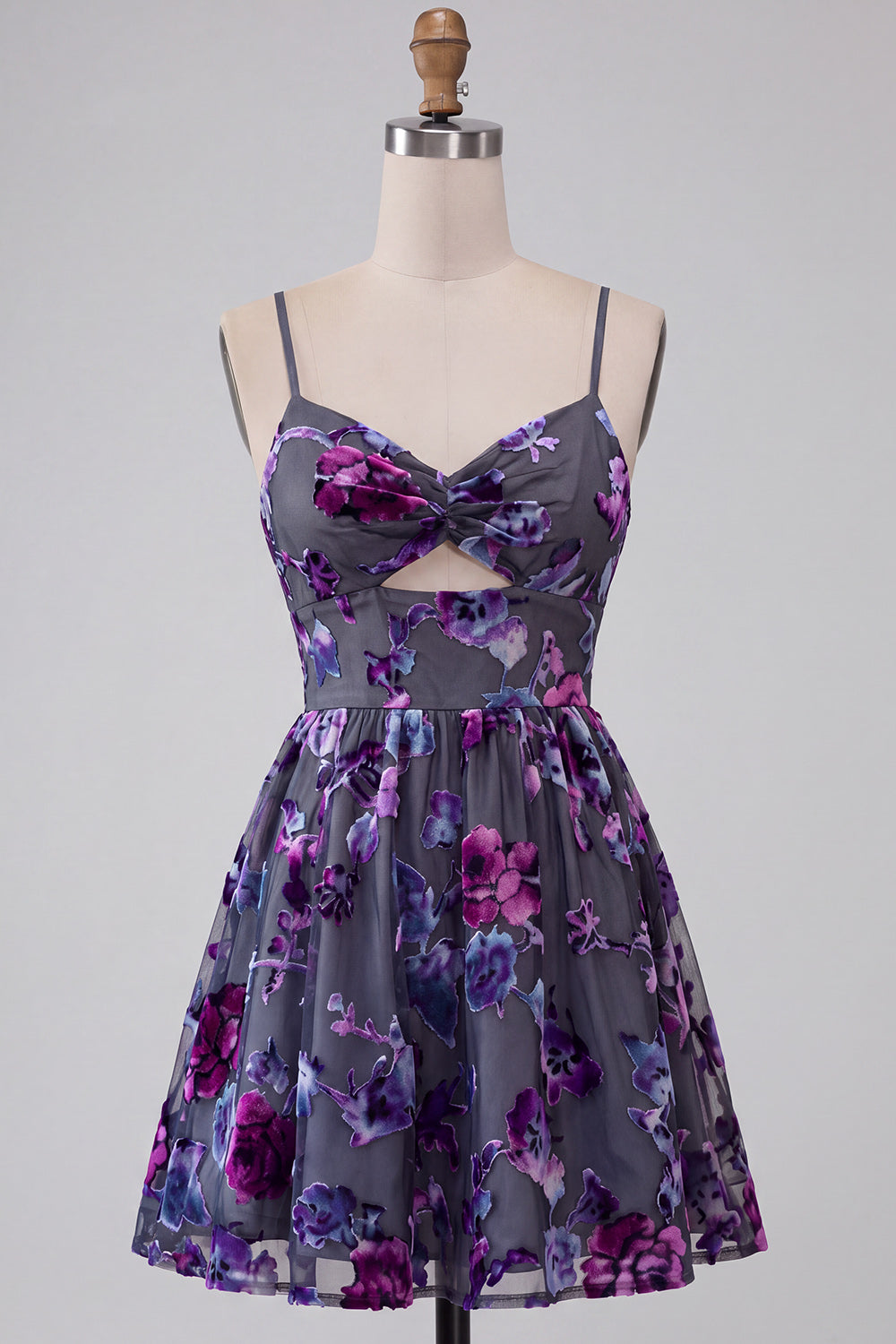 Floral A Line Plum Keyhole Spaghetti Straps Short Homecoming Dress