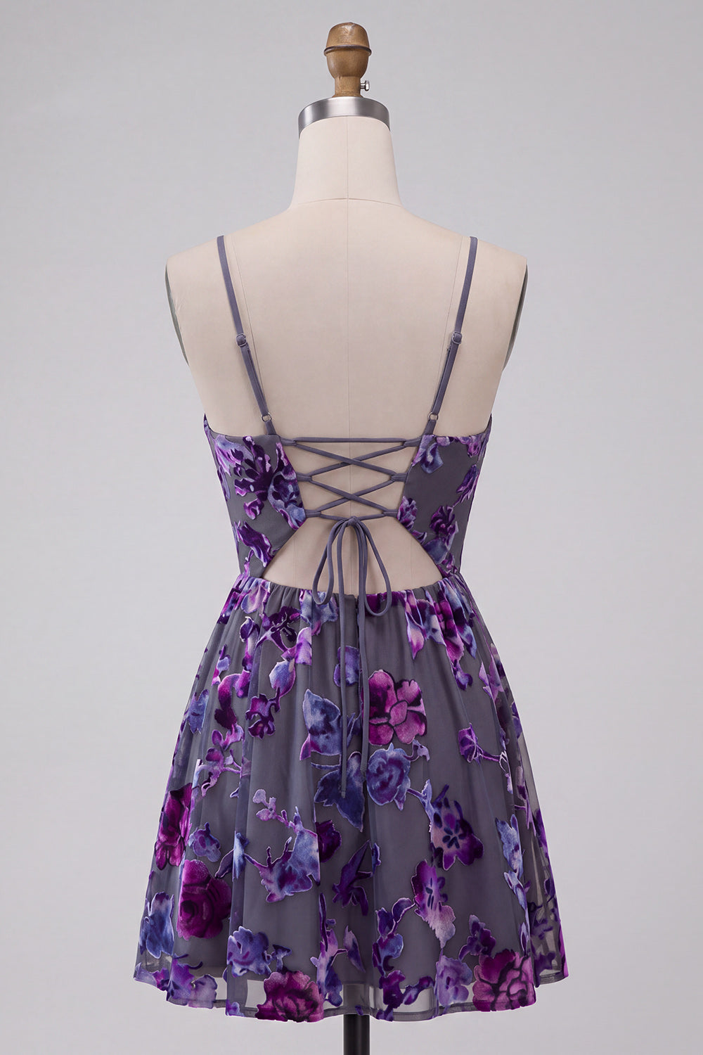 Floral A Line Plum Keyhole Spaghetti Straps Short Homecoming Dress