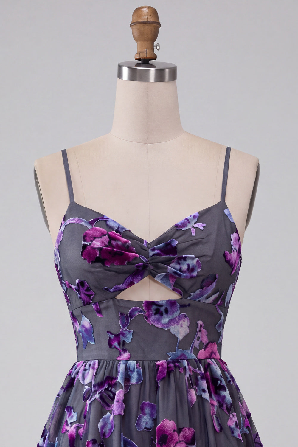 Floral A Line Plum Keyhole Spaghetti Straps Short Homecoming Dress