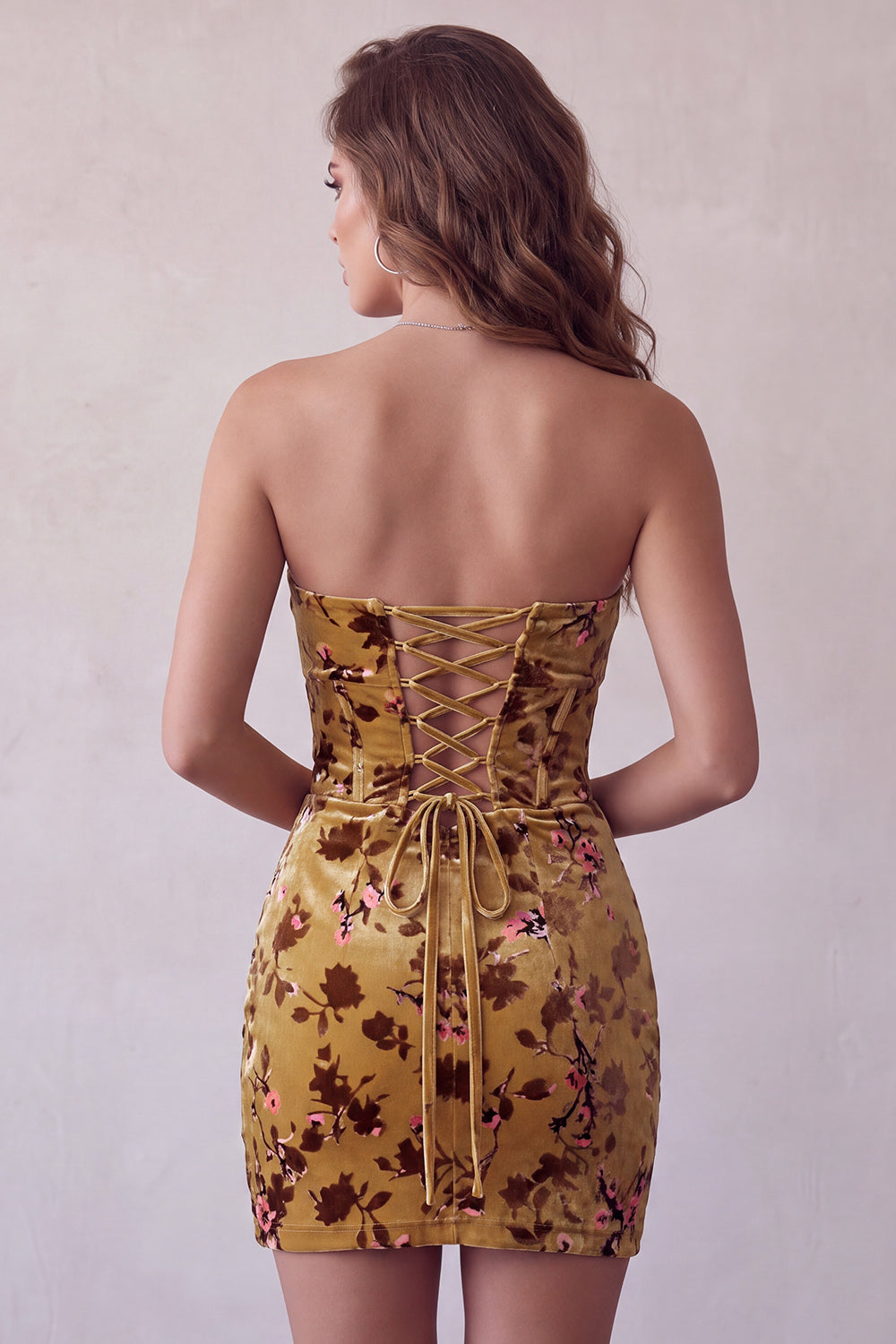 Floral Velvet Ginger Yellow Sweetheart Corset Tight Short Homecoming Dress