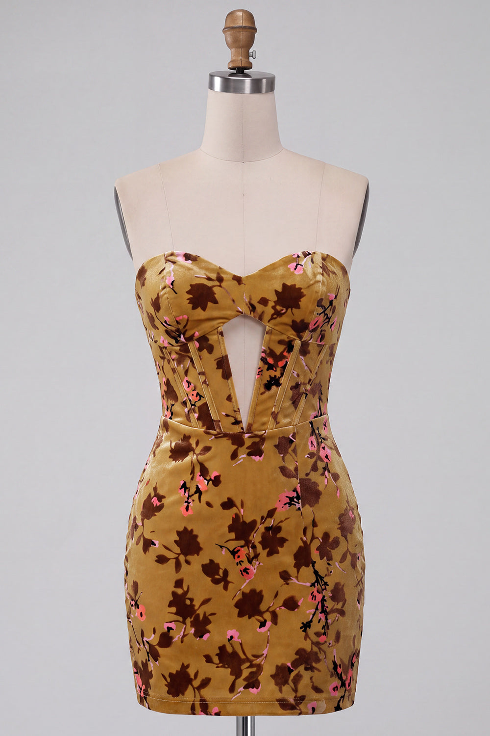 Floral Velvet Ginger Yellow Sweetheart Corset Tight Short Homecoming Dress