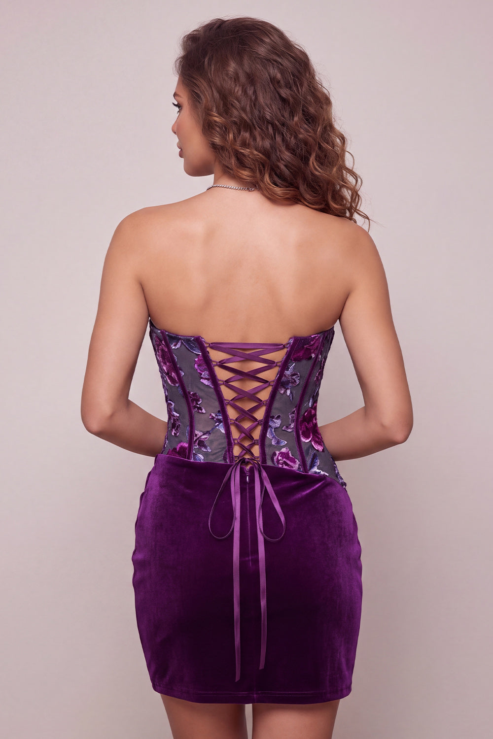 Floral Corset Plum Strapless Tight Short Homecoming Dress